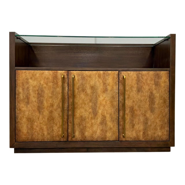 Modern Wood and Cooper Three Door Bar Cabinet For Sale