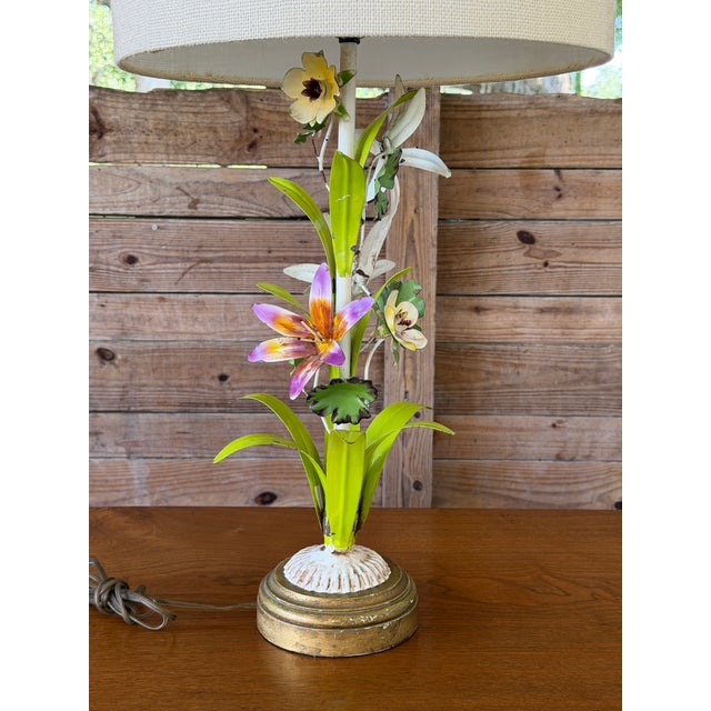 Vintage Italian Tole Floral Table Lamp With Hand-Painted Flowers For Sale In Naples, FL - Image 6 of 11