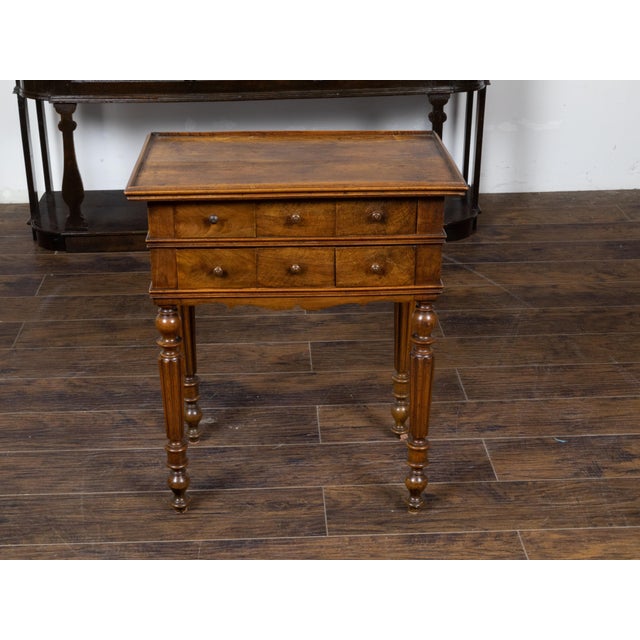Wood French 19th Century Walnut Side Table with Tray Top, Fluted Legs and Six Drawers For Sale - Image 7 of 12