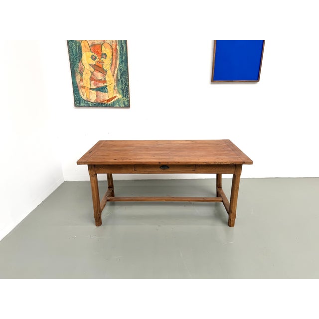 Cherrywood Farmhouse Table with Drawer and Low Stretcher, France, 1950s For Sale - Image 3 of 18