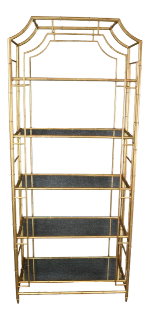 1970s Chinese Chippendale Metal Faux Bamboo Gilt Etagere