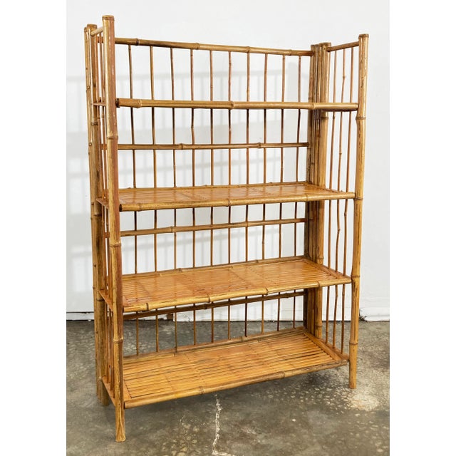 Chinoiserie Vintage Scorched Bamboo Collapsible Four Tier Bookshelf For Sale - Image 3 of 9