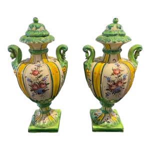 Pair of Early Capo De Monte Italian Hand Painted Lidded Urns