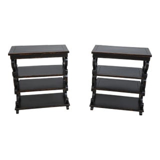 Pair Black Distressed Finish Tiered End Tables For Sale