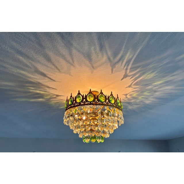 Vintage Emerald Green & Clear Crystal Crown Flush Mount Chandelier – 3 Light For Sale - Image 10 of 17