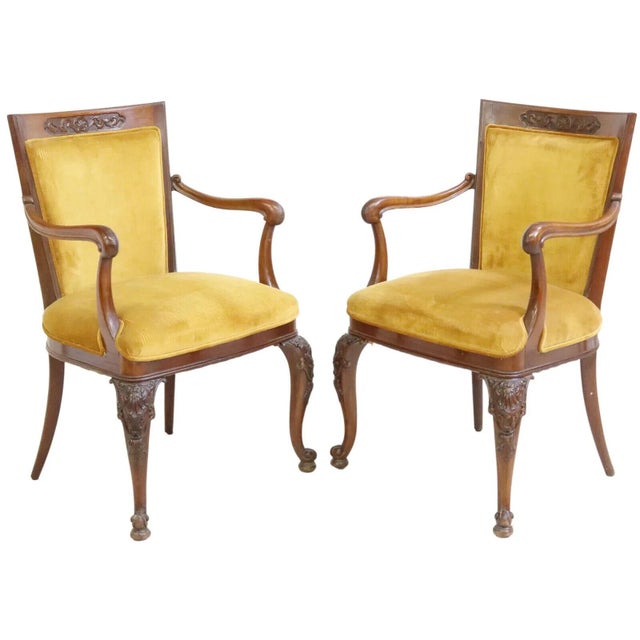 Classy Vintage Continental Carved Mahogany Yellow Velvet Armchairs, Set of 8!! Set of 8 Armchairs, Continental Carved...