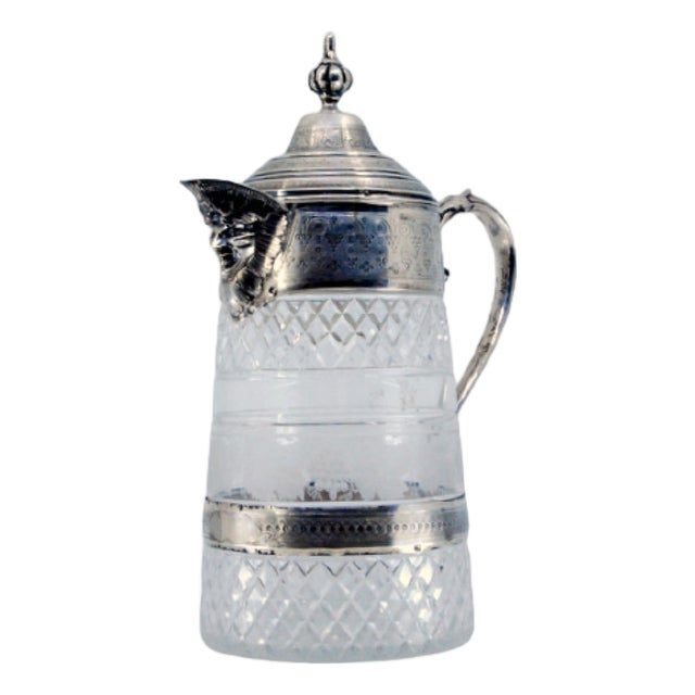 Silver Wine Jug with Faceted Glass, Lid, Handle and Engraved Surround with Bacchus Head For Sale