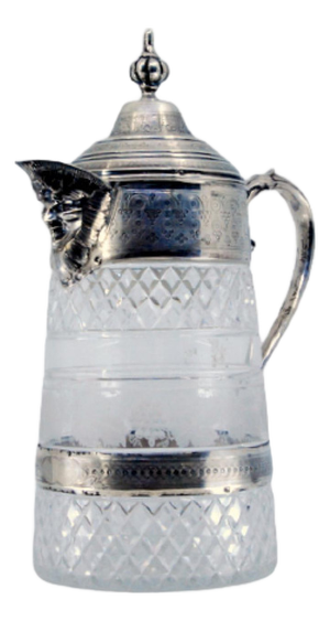 Silver Wine Jug with Faceted Glass, Lid, Handle and Engraved Surround with Bacchus Head