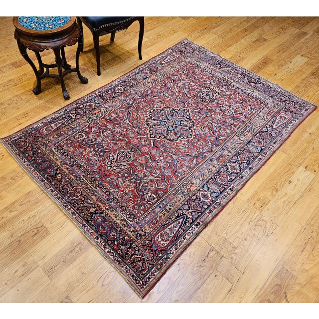 Early 20th Century Persian Kashan Rug, Hand-Knotted Wool & Cotton, Floral Design, Red & Navy, 5x7 For Sale In Chicago - Image 6 of 16