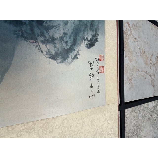 Vintage Chinese Landscape Hanging Scroll With Calligraphy & Red Seals For Sale In Miami - Image 6 of 8