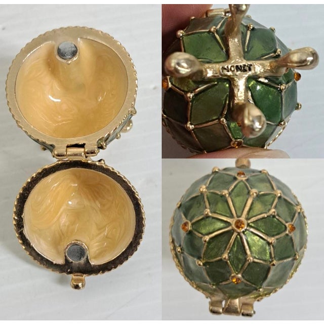 Lot of 2 Decorative Eggs – Abalone Shell Mosaic & Monet Green Enamel Egg Box For Sale In West Palm - Image 6 of 10