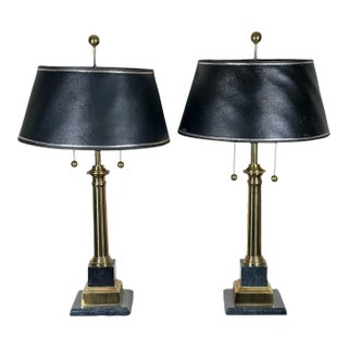 Pair of Vintage Neoclassical Black Brass and Marble Pedestal Table Lamps Attributed to Stiffel For Sale
