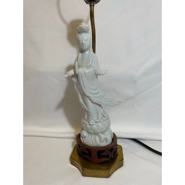 Asian Antique White Porcelain Kwan Yin Statue Lamp For Sale - Image 3 of 12