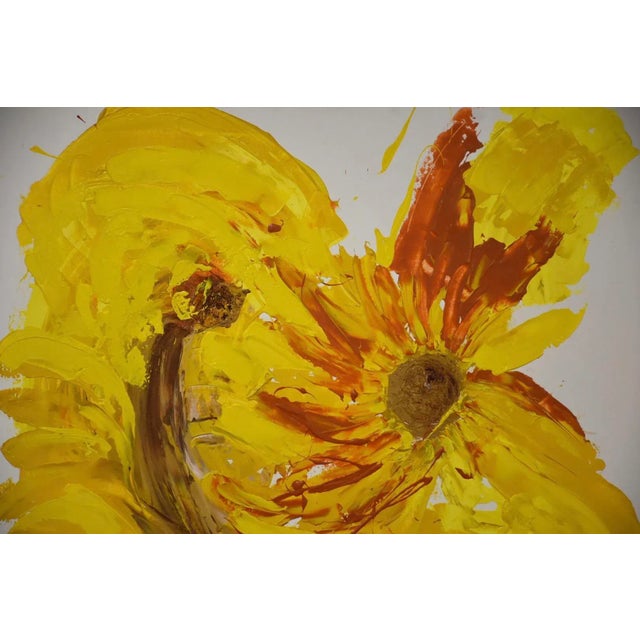 A mid century modern abstract painting in a vibrant yellow and orange paint. Signed Marty. 54.5” wide. 72.75” tall.