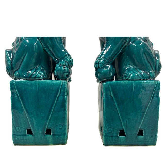 Vintage Chinese Porcelain Green Foo Dog Figurines - A Pair For Sale - Image 10 of 13