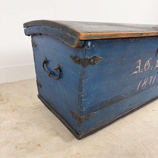 19th Century Antique Blue Painted Wooden Chest Dated 1871 For Sale - Image 5 of 16