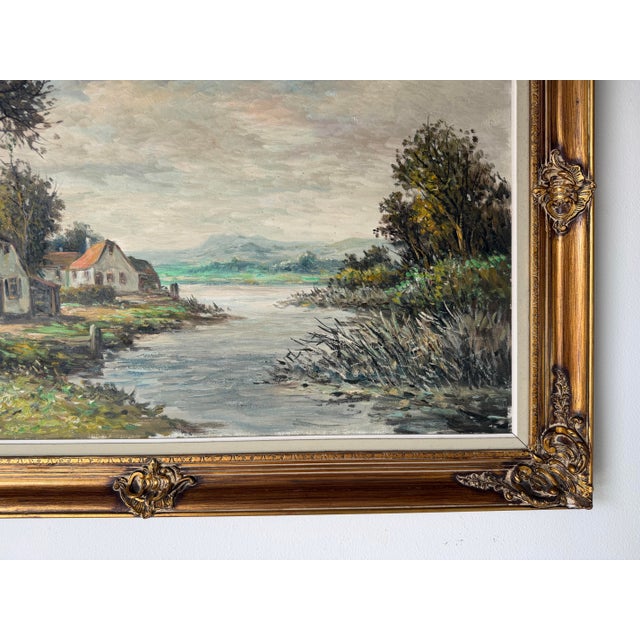 Green Vintage P. Veen European Countryside River Landscape Oil on Canvas Painting For Sale - Image 8 of 12