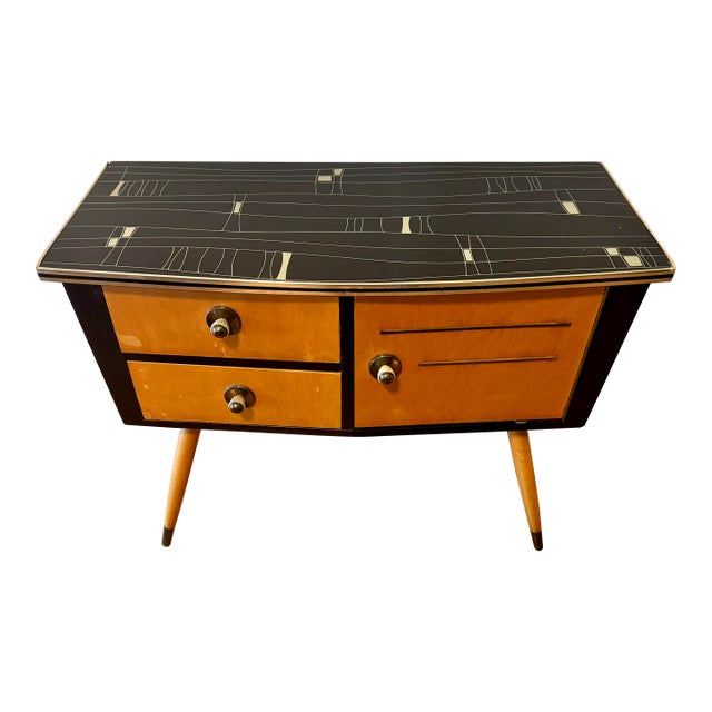 1950s German “Googie” Style Console Table W/Cabinet Space Age Swank Glass Top For Sale