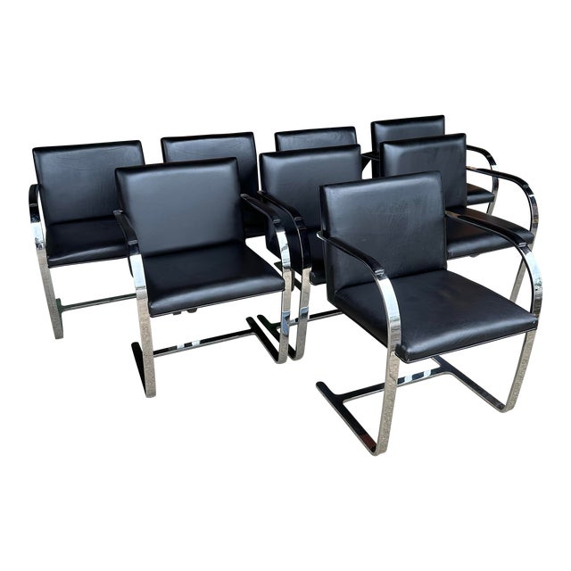 Set of 8 Gordon International Ludwig Mies Van Der Rohe Style Armchairs Black Leather For Sale