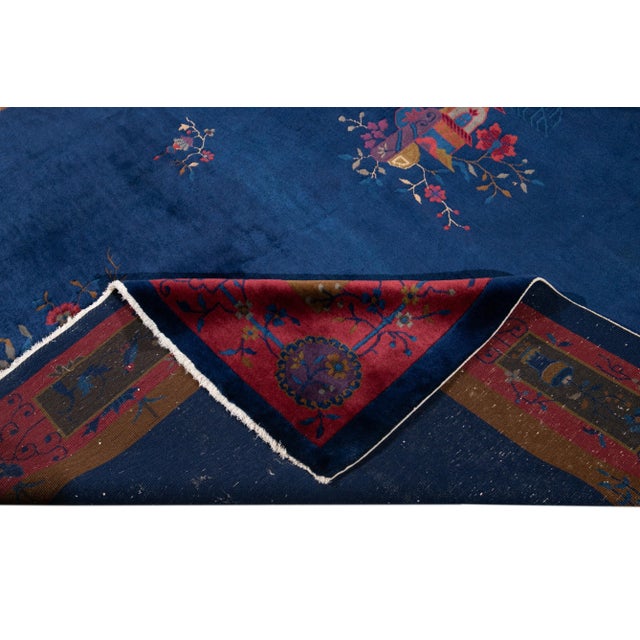 Art Deco Antique Blue Chinese Art Deco Wool Rug 9 Ft X 11 Ft 3 In For Sale - Image 3 of 13