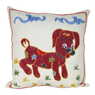Dog Pattern Suzani Cushion – Boho Nursery & Kids Room Decor 19'' X 19'' For Sale