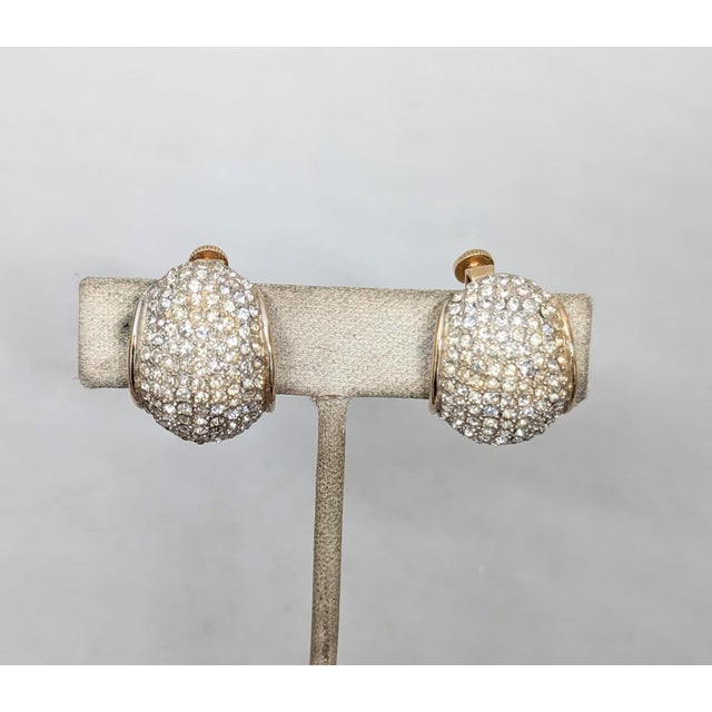 Mid-Century Modern Vintage 1960s Signed Vendome Goldtone Pavé Round Clear Rhinestone Half Hoop Clip Earrings-2 Pieces For Sale - Image 3 of 10