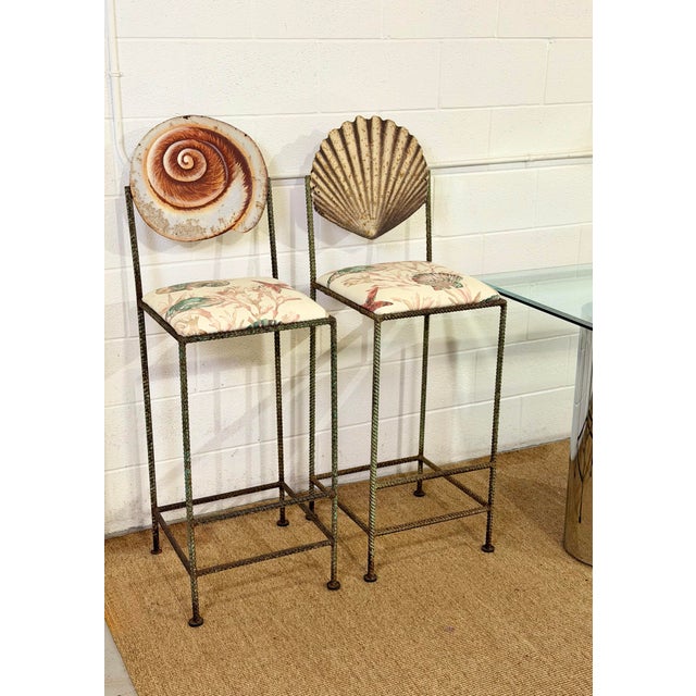 Boho Chic Vintage Artisan Sculptural Twisted Wrought Iron Verdigris Shell Bar Stools For Sale - Image 3 of 10