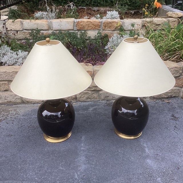 Metal Pair of Ralph Lauren Gloss Black "Malin Ming" Lamps With Cream Coolie Shades and Brass Bases For Sale - Image 7 of 11