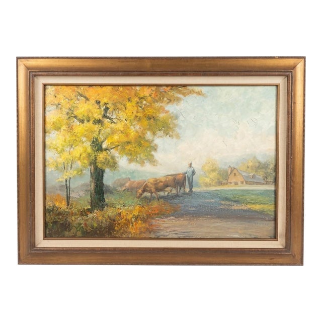 A Vintage Painting-Autumn Pastoral: Herdsman on a Country Road For Sale