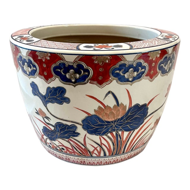 Antique 13" Japanese Imari Porcelain Lotus Motif Jardiniere Planter For Sale