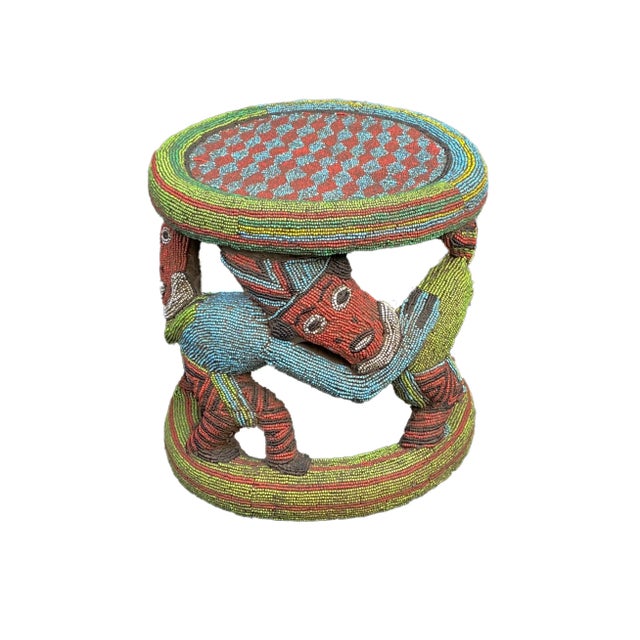 1980s Large Nobility Beaded Wood Bamileke Throne /Table/ Stool Cameroon 21" D For Sale - Image 5 of 9