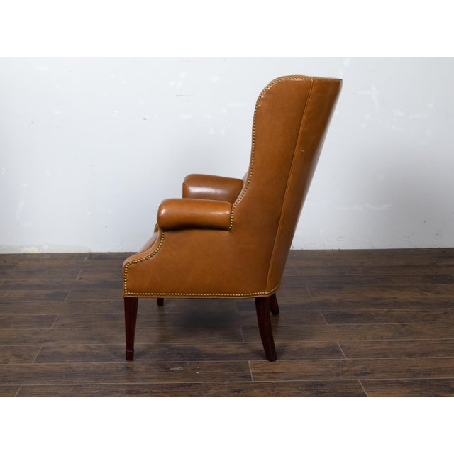 English Brown Leather Wingback Chair with Brass Nailhead Trim, circa 1930-1940 For Sale - Image 9 of 12