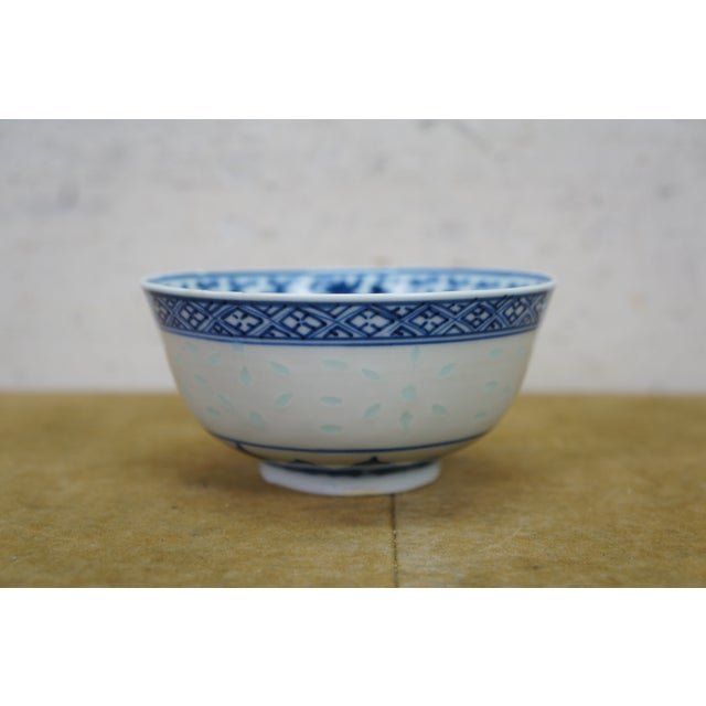 Ceramic Vintage Chinese Rice Eye Grain Translucent Blue Porcelain Dinnerware - 10 Pc For Sale - Image 7 of 11