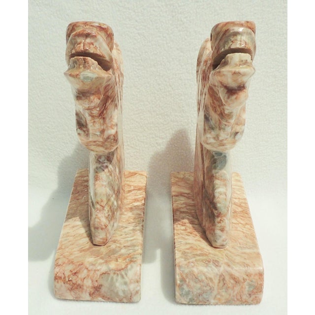 Pink Pair Vintage Mid Century Pink Marble Carved Equestrian Figural Horse Bookends For Sale - Image 8 of 10