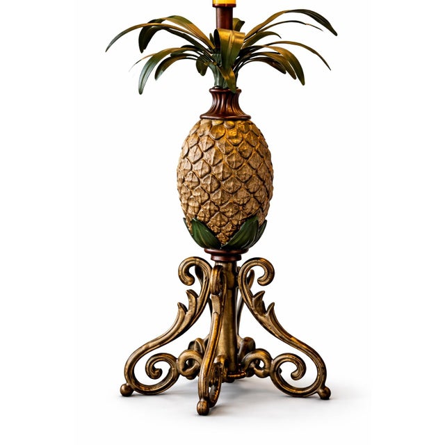 Late 20th Century Solid Metal Pineapple Table Lamp With Scroll Base and Original Gray Shade For Sale In Los Angeles - Image 6 of 12