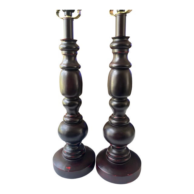Pair of Vintage-Style Dark Wood-Look Table Lamps For Sale