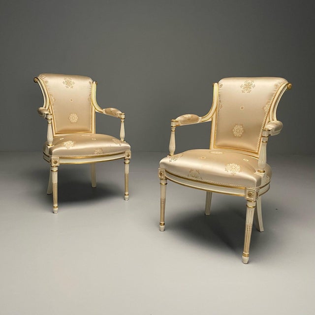 Maison Jansen Attribution, Louis XVI Style, Hollywood Regency, Fauteuils or Armchairs, Scalamandre Silk Pair of Louis XVI...