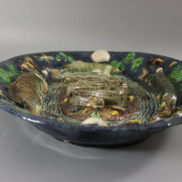 Blue Large School of Paris Palissy Majolica Wall Platter With Snake and Fish For Sale - Image 8 of 12
