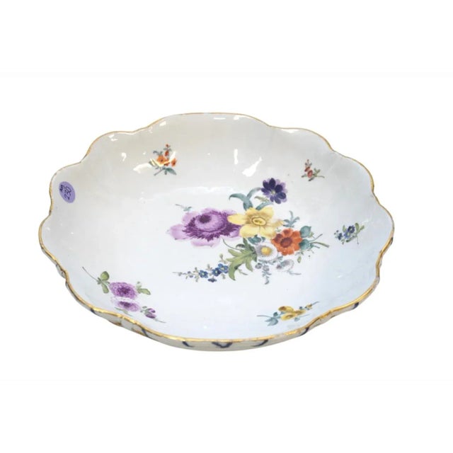 Ceramic Late 19th Century Large Antique Meissen Floral Scalloped Porcelain Bowl With Gilt Accents For Sale - Image 7 of 7