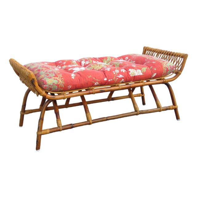 Hollywood Regency Bohemian Bamboo Rattan Large Ottoman Bench 5807 For Sale