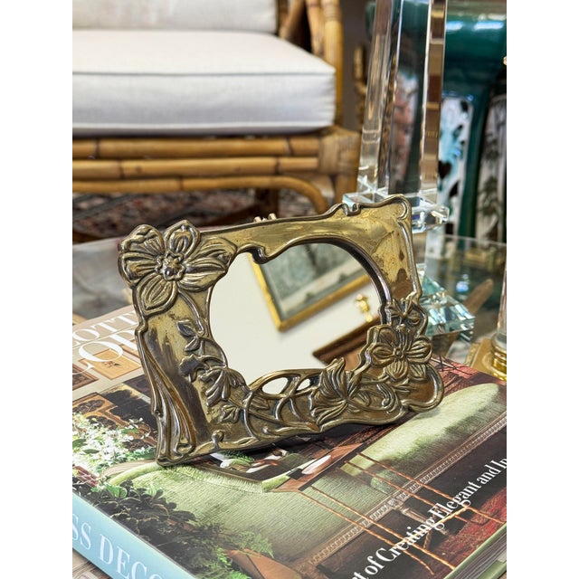 Mid 20th Century Brass Floral Motif Tabletop Vanity Mirror** For Sale - Image 5 of 5