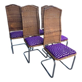 Mid Century Chrome and Wicker Tall Back Dining Chairs - a Set of 6 For Sale