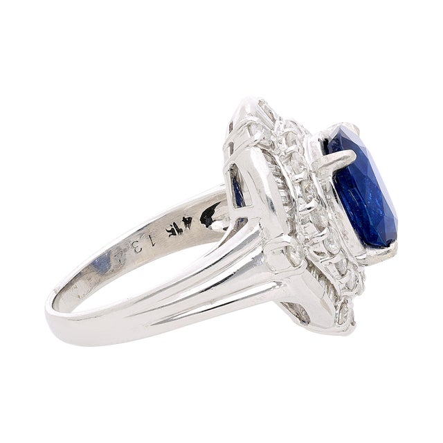 Gia Certified 4.15 Carat Oval Thai Sapphire & Diamond in Platinum Vintage Ring, Size 7 For Sale - Image 4 of 10