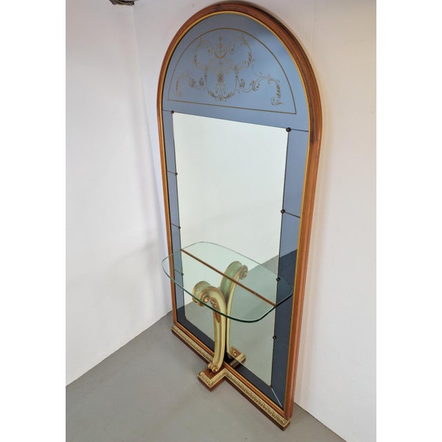Vintage Large Cristal Art Mirror with Console Table, 1950s Italian standing mirror console engraved glass Mahogany wood...