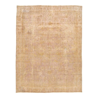 Antique Distressed Beige Overdyed Handmade Wool Rug For Sale