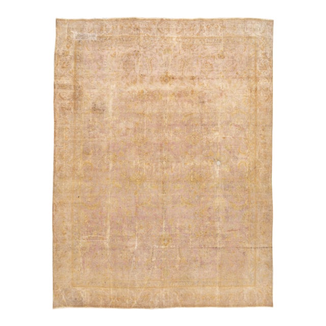 Antique Distressed Beige Overdyed Handmade Wool Rug For Sale