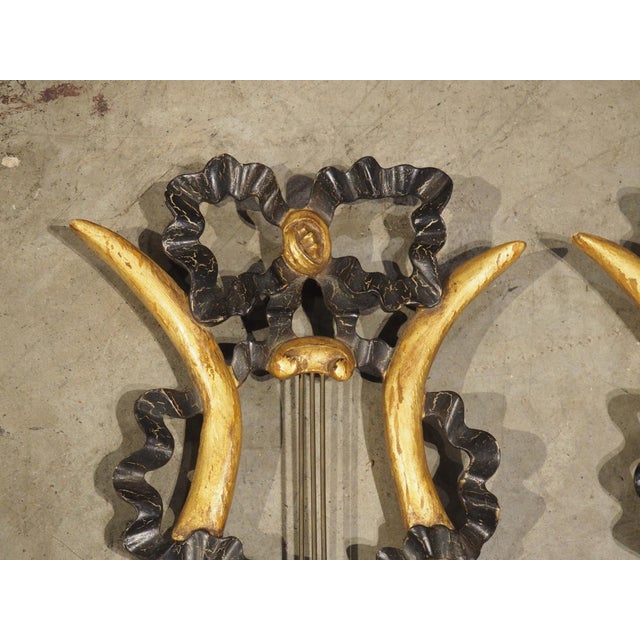 Wood Pair of Italian Giltwood and Ebonized Louis XVI Style Lyre Form Sconces, 1950s For Sale - Image 7 of 18