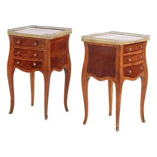 Pair of French Louis XV Style Marble-Top Nightstands or End Tables, C 1950 For Sale