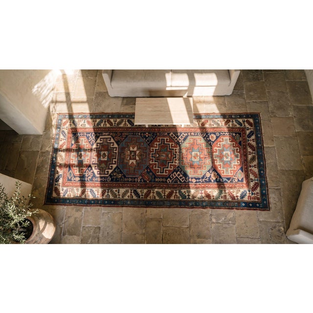 1900s Blue Navy Medallion Antique Caucasian Moghan Rug 3'7" X 9'3" Handknotted Wool Carpet For Sale In New York - Image 6 of 8