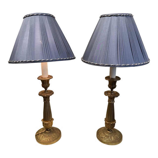 Vintage Louis XVI Style Bronze Lamp With Pleated Blue Fabric Shade For Sale
